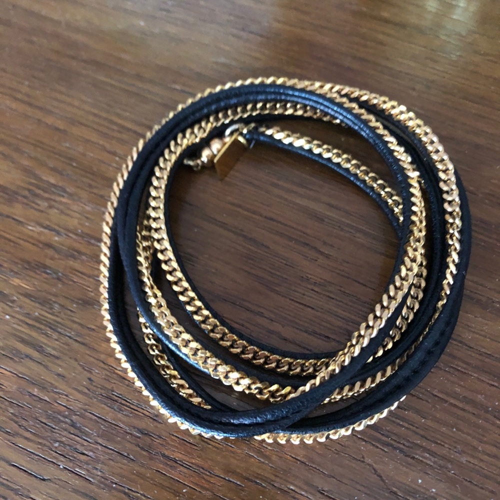 Vita Fede Wrap Bracelet Gold-tone Chain on Black Leather  25" Magnetic Close